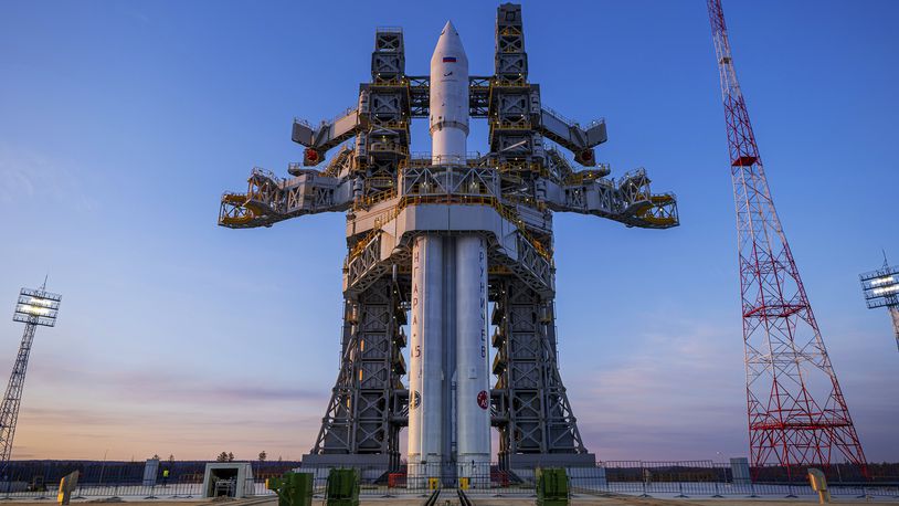 In this photo released by Roscosmos space corporation on Wednesday, April 3, 2024 an Angara-A5 rocket is seen during preparation for the launch at Vostochny space launch facility outside the city of Tsiolkovsky, about 200 kilometers (125 miles) from the city of Blagoveshchensk in the far eastern Amur region, Russia. The Angara-A5 is a new heavy-lift rocket developed in Russia. (Roscosmos space corporation via AP)