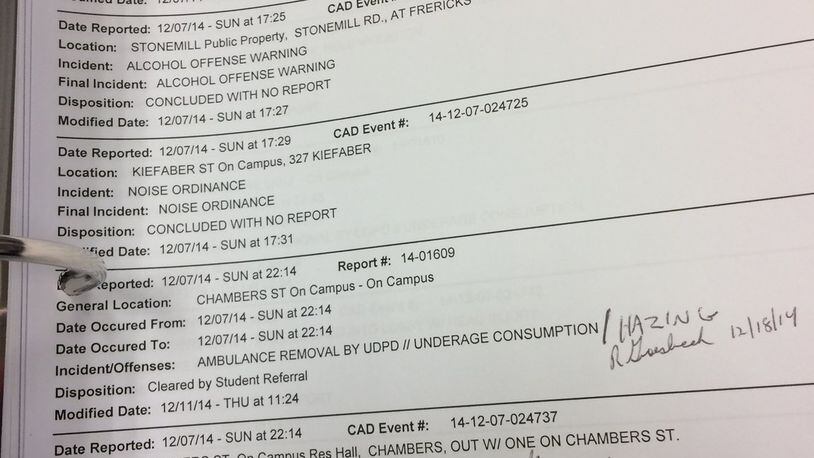 A page from the police records released by the University of Dayton this week. A former UD football player, Max Engelhart, has alleged in a lawsuit against the university that he was forced to drink high-alcoholic drinks at multiple locations as part of a hazing ritual. Englehart, who claims he suffered permanent damage from the abuse, says the university knew about the parties.