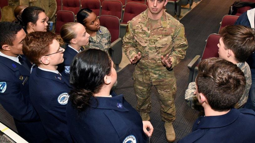 Tech. Sgt. Kenny O’Brien, pararescueman and one of the 12 Outstanding Airmen of the Year in 2019, talks with Air Force Junior ROTC cadets from Fairborn High School at the National Museum of the United States Air Force at Wright-Patterson Air Force Base Feb. 11 after speaking about his Air Force career. (U.S. Air Force photos/Ty Greenlees)