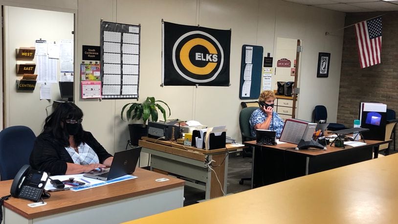 School office staff in Centerville High School's south unit answer calls earlier this fall. Centerville City Schools reported four new COVID-19 cases to the state dashboard Oct. 12-18. Some cases don't show up in the reporting if students or staff are working fully remote.