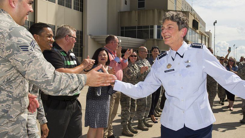 Gen. Ellen M. Pawlikowski, Air Force Materiel Command commander, greets well-wishers Aug. 7 on the Wright-Patterson Air Force Base flight line following her ‘Fini Flight.’ Pawlikowski has been the AFMC commander since 2015 and will retire in September. (U.S. Air Force photo/R.J. Oriez)