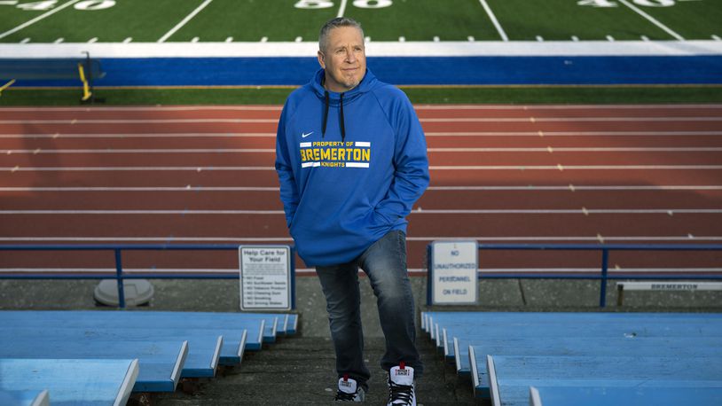 FILE — Joseph Kennedy, the football coach, at Bremerton High School in Bremberton, Wash., on Feb. 7, 2022. The Supreme Court ruled on Monday, June 27, 2022, that Kennedy has a constitutional right to pray at the 50-yard line after his team’s games. (Ruth Fremson/The New York Times)
