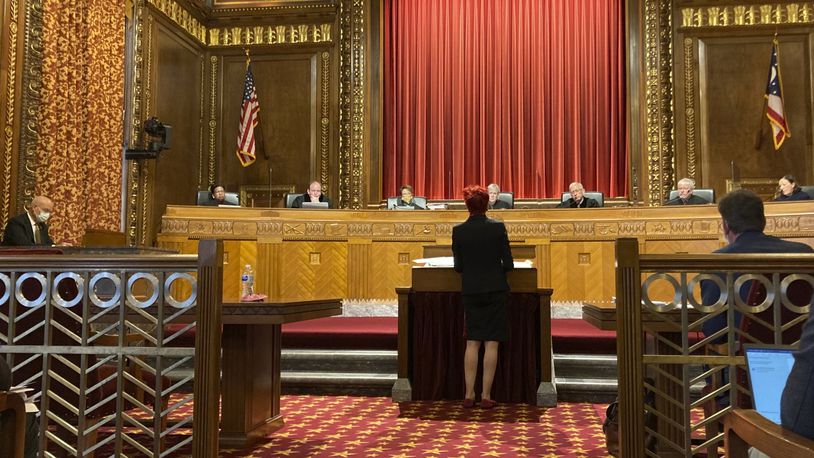 Freda Levenson, ACLU of Ohio legal director, appears before the Ohio Supreme Court in Columbus, Ohio, during oral arguments in a constitutional challenge to new legislative district maps on Wednesday, Dec. 8, 2021. (AP Photo/Julie Carr Smyth)