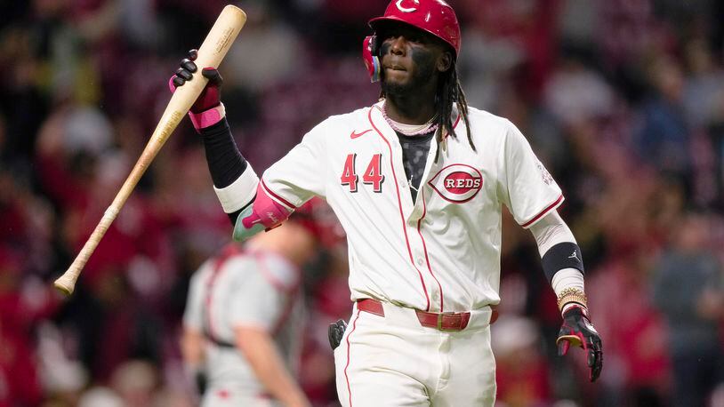 Cincinnati Reds' Elly De La Cruz reacts after hitting a two-run homer in the fifth inning of a baseball game against the Philadelphia Phillies on Tuesday, April 23, 2024, in Cincinnati. (AP Photo/Carolyn Kaster)