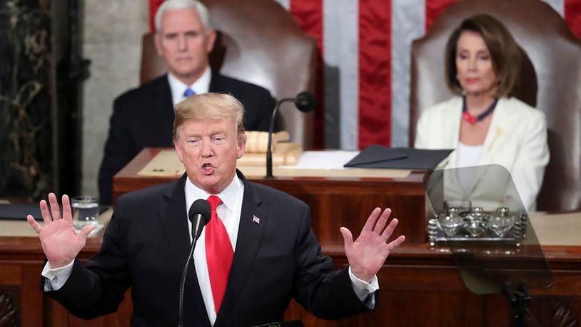In this Feb. 5, 2019 photo, President Donald Trump delivers his State of the Union address to a joint session of Congress on Capitol Hill in Washington, as Vice President Mike Pence and Speaker of the House Nancy Pelosi, D-Calif., watch. (AP Photo/Andrew Harnik)