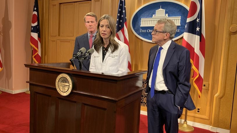 Ohio Department of Health Director Dr. Amy Acton, Gov. Mike DeWine and Lt. Gov. Jon Husted hold a press conference on Coronavirus. DeWine appointed Acton as health director in February 2014.