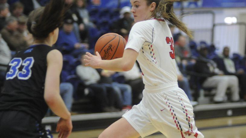 Tipp’s Maddie Frederick (with ball) was D-II first team All-Southwest District. MARC PENDLETON / STAFF