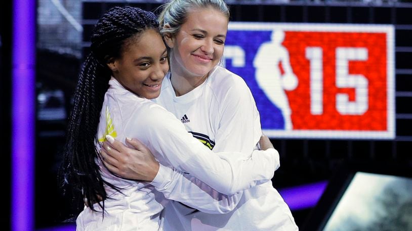 FILE - In this Feb. 13, 2015, file photo, Kristen Ledlow, right, hugs Mo'ne Davis as they are announced before the NBA All-Star celebrity basketball game in New York. Ledlow said on social media Oct. 23, 2016, that she was robbed at gunpoint. Ledlow is the host of "NBA Inside Stuff" on NBA TV. (AP Photo/Frank Franklin II, File)