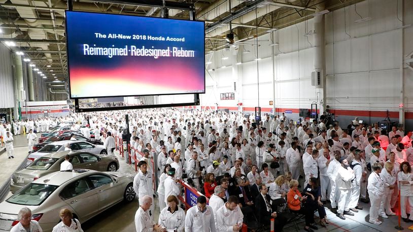 Hundreds of Honda employees gathered for the unveiling of the 2018 Honda Accord at the Marysville plant in this file photo. Bill Lackey/Staff