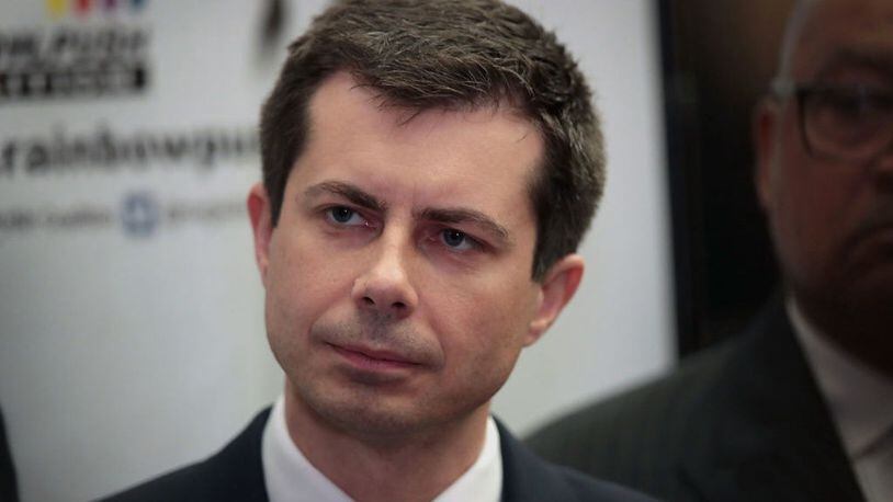 Members of the Fraternal Order of Police Lodge #36 in South Bend, Indiana, said they want an apology from Mayor and presidential candidate Pete Buttigieg for his comments on a recent shooting involving a South Bend officer. (Scott Olson/Getty Images)