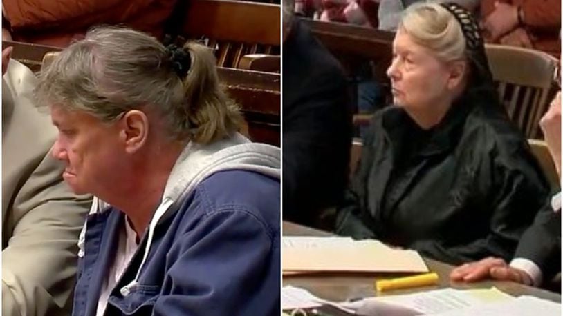Rita Jo Newcomb, left, and Fredericka Wagner appeared in a Pike County courthouse Thursday for hearings. The two are accused of helping cover up the murders of eight members of the Rhoden family. Photo courtesy WCPO