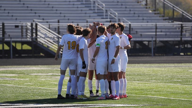 The Centerville boys soccer team huddles before its Division I regional final win over St. Xavier last week. The Elks face Cleveland St. Ignatius in the Division I state finals on Saturday in Columbus. CONTRIBUTED