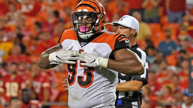KANSAS CITY, MO - AUGUST 10: Andrew Brown #93 of the Cincinnati Bengals reacts after a quarterback sack in the third quarter against the Kansas City Chiefs during a preseason game at Arrowhead Stadium on August 10, 2019 in Kansas City, Missouri. (Photo by Peter Aiken/Getty Images)