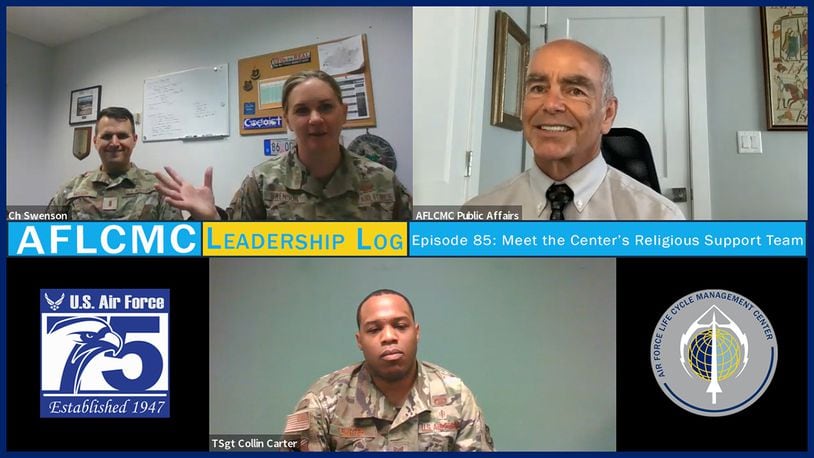 Chaplain (Maj.) Kristin Swenson, 2nd Lt. Matthew Mason (chaplain candidate) and Tech. Sgt. Collin Carter, Religious Affairs NCOIC, joined for an episode of Air Force Life Cycle Management Center’s Leadership Log podcast to discuss how they support Airmen in the center. To hear the full conversation, you can watch Leadership Log on YouTube at https://youtu.be/TU-uDpcA46Y or search “Leadership Log” on your podcast carrier. U.S. AIR FORCE GRAPHIC/JIM VARHEGYI