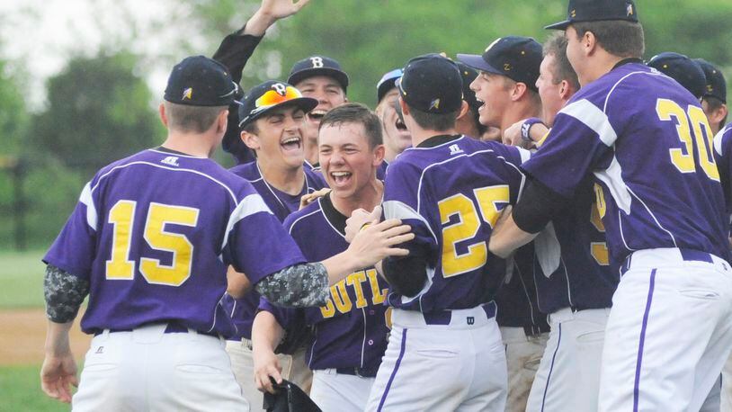 Butler players celebrate. Butler defeated Springboro 4-3 in a D-I high school baseball sectional final at Northmont on Thu., May 17, 2018. MARC PENDLETON / STAFF