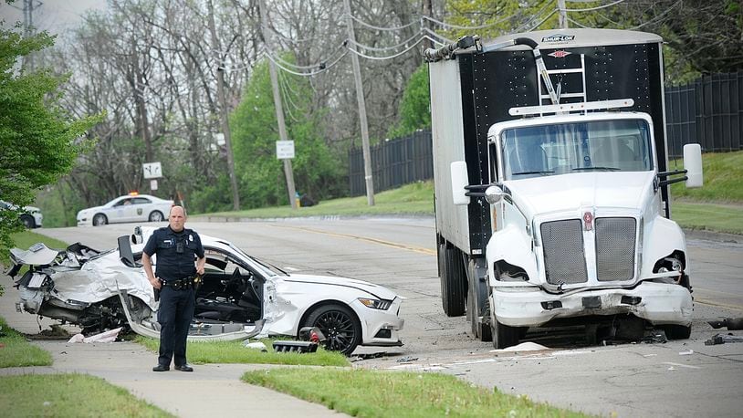 At least two people were killed in a crash between a car and semitrailer Wednesday, April 17, 2024, on South Gettysburg Avenue near Germantown Pike in Dayton. MARSHALL GORBY\STAFF