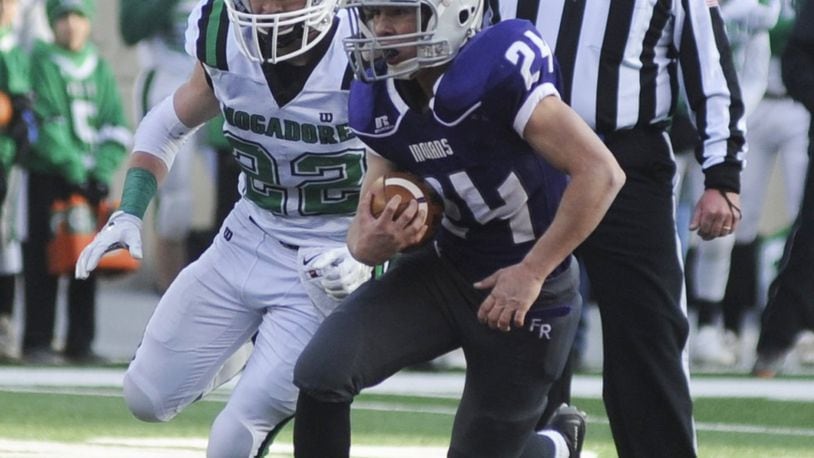 Fort Recovery’s Will Homan (with ball) was the D-VI All-Ohio offensive player of the year. MARC PENDLETON / STAFF