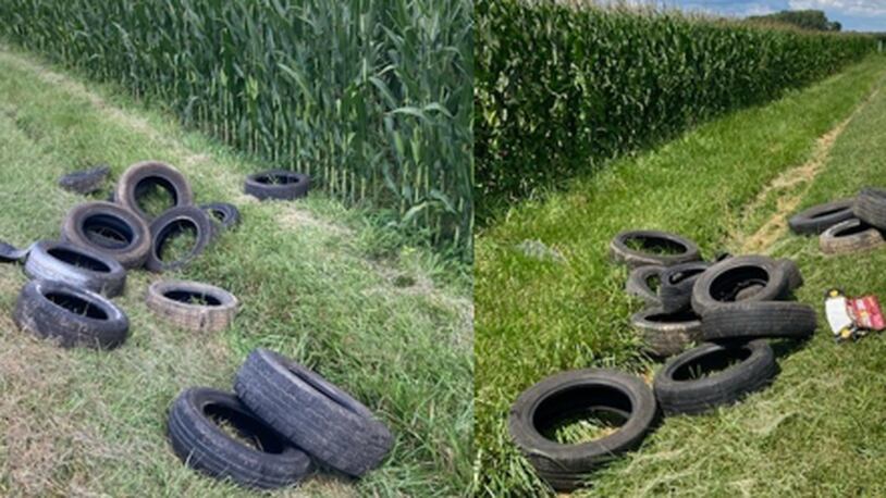 More than 30 tires were dumped on two Greene County roads between Monday, Aug. 15. and Tuesday, Aug. 16, 2022. The Greene County Sheriff's Office is investigating the incident as well as several similar incidents.  CONTRIBUTED