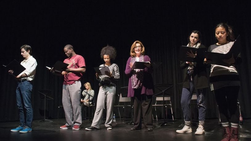 (left to right) Santino Garofalo, Martez Warren, Gloria Humphrey, Donna Beran, Colleen Kelch, and Gissela Gualoto will be featured in University of Dayton’s production of “iDream,” an original play by UD alumnae, Dec. 7 in Fitz Hall Black Box Theatre. CONTRIBUTED