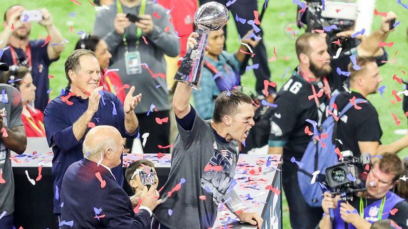New England Patriots quarterback Tom Brady (12) celebrates after Super Bowl LI on Sunday, Feb. 5, 2017 at NRG Stadium in Houston, Texas. (Dan Wozniak/Zuma Press/TNS)