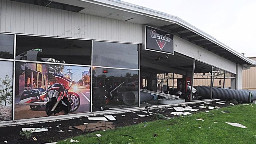 A tornado damaged businesses in Park Layne in Clark County on Wednesday night. MARSHALL GORBY / STAFF