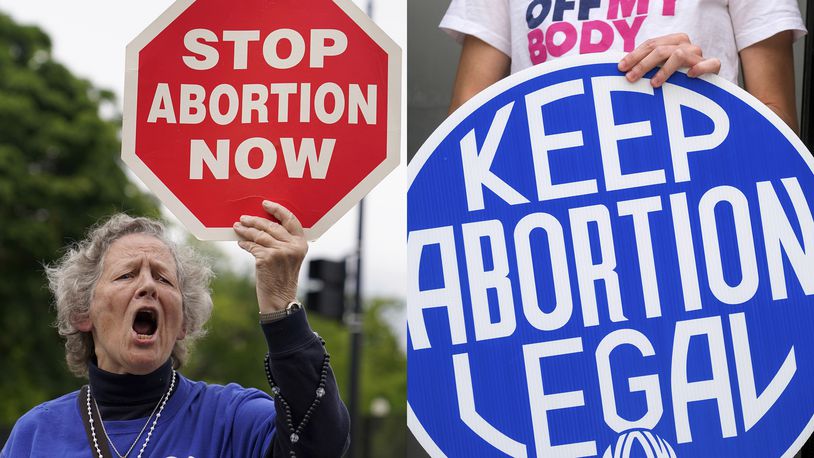 A woman holds a sign saying "stop abortion now," at a protest outside of the U.S. Supreme Court in Washington on May 5, 2022, left, and another woman holds a sign during a news conference for reproductive rights in response to the leaked draft of the Supreme Court's opinion to overturn Roe v. Wade, in West Hollywood, Calif., on March 3, 2022. (AP Photo)