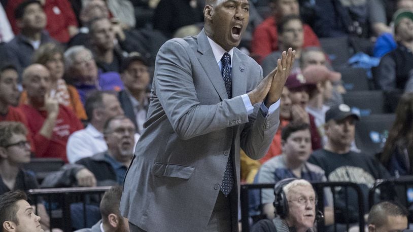 Wake Forest head coach Danny Manning reacts during the first half of an NCAA college basketball game against Boston College in the Atlantic Coast Conference tournament, Tuesday, March 7, 2017, in New York. (AP Photo/Mary Altaffer)