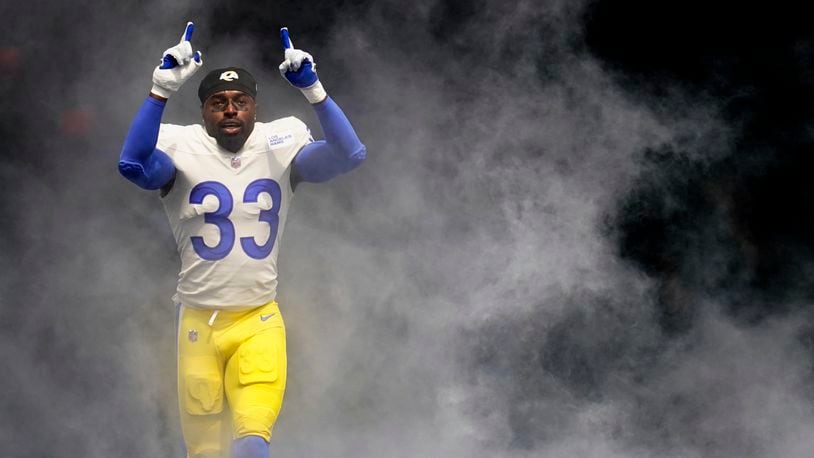 Los Angeles Rams safety Nick Scott takes the field before an NFL football game against the Atlanta Falcons Sunday, Sept. 18, 2022, in Inglewood, Calif. (AP Photo/Mark J. Terrill)
