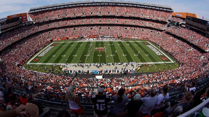 Cleveland Browns fans watch the kickoff of an NFL football game between the Cleveland Browns and the New York Jets, Sunday, Sept. 18, 2022, at First Energy Stadium in Cleveland. (AP Photo/Keith Srakocic)