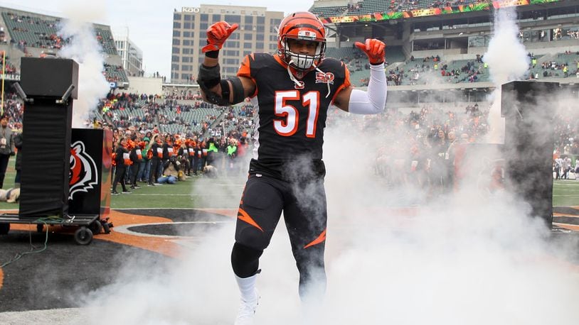 CINCINNATI, OH - DECEMBER 10: Kevin Minter #51 of the Cincinnati Bengals takes the field during player introductions prior to the game against the Chicago Bears at Paul Brown Stadium on December 10, 2017 in Cincinnati, Ohio. (Photo by John Grieshop/Getty Images)