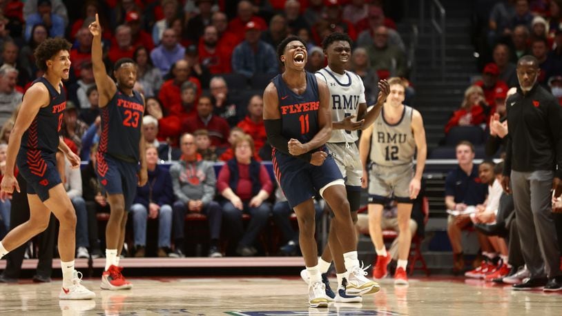 Dayton's Malachi Smith reacts after a play during a game against Robert Morris on Saturday, Nov. 19, 2022, at UD Arena. David Jablonski/Staff