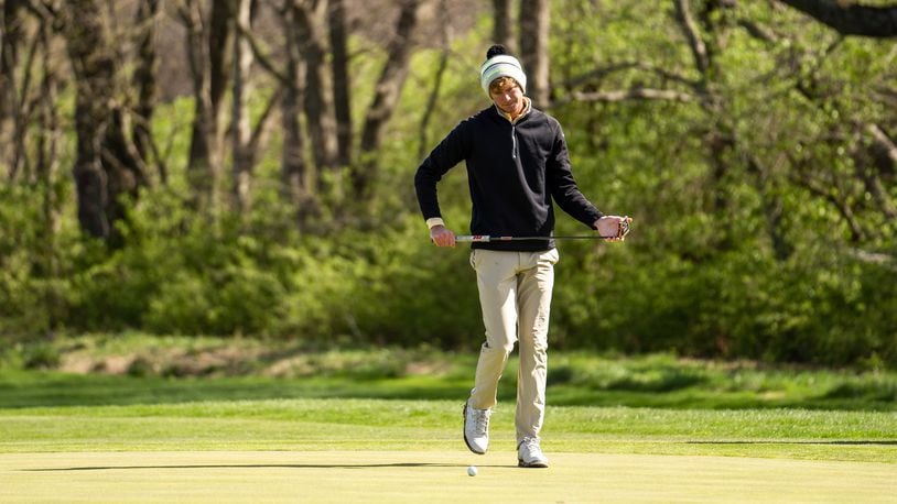 Wright State's Mikkel Mathiesen surveys a putt during the Wright State Invitational at Heatherwoode Golf Course last month. Wright State Athletics photo