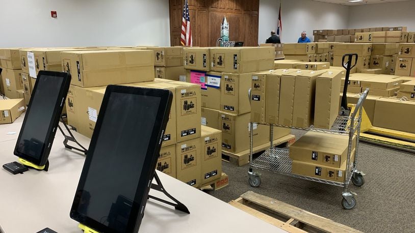 Greene County Board of Elections are setting up their new voting machines from Dominion Voting Systems that arrived this week. GABRIELLE ENRIGHT/STAFF
