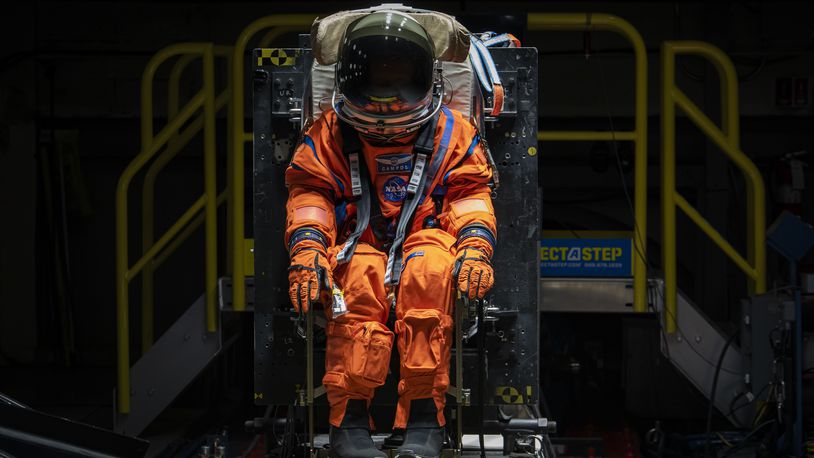 Campos, a fire and rescue training manikin, at the sled test facility at Wright-Patterson Air Force Base last month, where Air Force Research Laboratory, or AFRL, and NASA staff test the seat and flight suit for safety measures. (U.S. Air Force photo / Rick Eldridge)