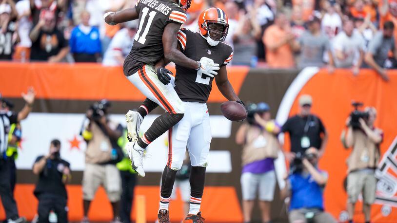 FILE -- Cleveland Browns wide receiver Amari Cooper (2) celebrates a touchdown against the New York Jets in Cleveland, Ohio, Sept. 18, 2022. Cooper played chess with Chidobe Awuzie while they were teammates with the Dallas Cowboys. (AJ Mast/The New York Times)