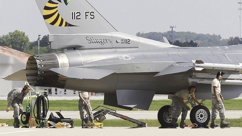 F-16 crews from the Ohio Air National Guard’s 180th Fighter Wing flew training missions out of Wright-Patterson Air Force Base in August 2013 as their home runway at Toledo Express Airport was repaved. CHRIS STEWART / STAFF FILE PHOTO