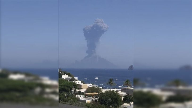 The volcano on Stromboli Island off the coast of Sicily erupts on Wednesday, Aug. 28, 2019, spewing a massive cloud of ash and lava almost 2 months after an earlier explosion killed a 35-year-old hiker.