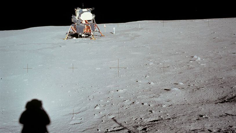 This photograph of the Lunar Module at Tranquility Base was taken by Neil Armstrong during the Apollo 11 mission, from the rim of Little West Crater on the lunar surface. Armstrong’s shadow and the shadow of the camera are visible in the foreground. This is the furthest distance from the lunar module traveled by either astronaut while on the moon. In a recent Air Force Research Laboratory Lab Life podcast, Rusnak explains how AFRL technology supported the famed Apollo 11 mission in 1969. (NASA photo)