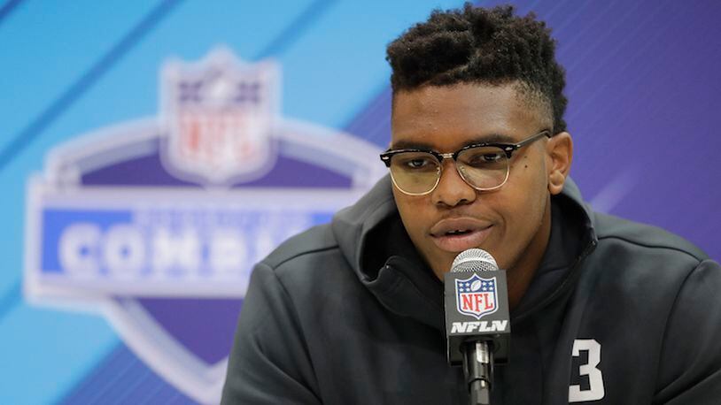 Oklahoma offensive lineman Orlando Brown speaks during a press conference at the NFL football scouting combine, Thursday, March 1, 2018, in Indianapolis. (AP Photo/Darron Cummings)