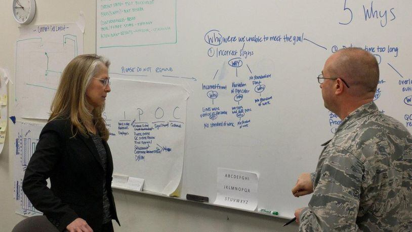 Sandra Speake, recently retired master process officer for Air Force Materiel Command’s Continuous Process Improvement effort, discusses a team out-brief with Maj. Daniel Rosera during a recent CPI seminar. The objective is to enable all Airmen to eliminate waste and maximize customer value through the application of several widely accepted process improvement methodologies. (Contributed photo)