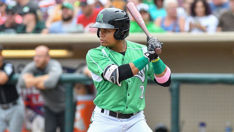 Dragons center fielder Randy Ventura waits on a pitch during the fourth inning of a Midwest League game on Sunday afternoon at Fifth Third Field. Ventura joined the team on Saturday after being traded by the Braves to the Reds. Contributed Photo by Bryant Billing
