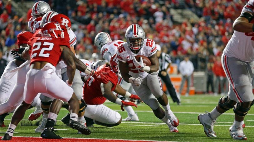 Ohio State running back Mike Weber rushes for a touchdown against Rutgers on September 30, 2017 at High Point Solutions Stadium in Piscataway, New Jersey. (Photo by Hunter Martin/Getty Images)