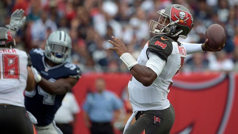 Tampa Bay Buccaneers quarterback Jameis Winston (3) throws a pass against the Dallas Cowboys during the second quarter of an NFL football game Sunday, Nov. 15, 2015, in Tampa, Fla. (AP Photo/Phelan M. Ebenhack)