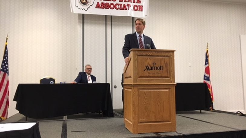 Richard Cordray, Democratic candidate for Ohio governor, spoke to the Ohio State Plumbers & Pipefitters Convention at the Dayton Marriott on Thursday. THOMAS GNAU/STAFF