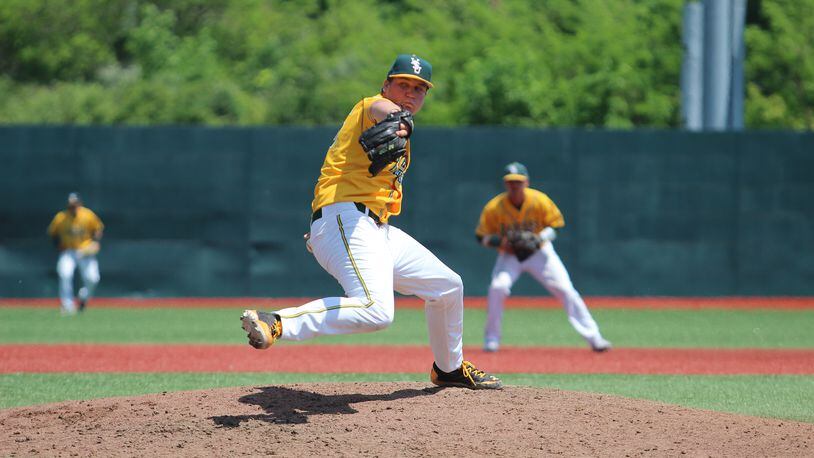 Wright State freshman Zane Collins delivers to the plate in Friday in the Horizon League tournament. Collins got the final four outs in the Raiders’ 5-1 win over UW-Milwaukee. Mike Hartsock/WHIO-TV