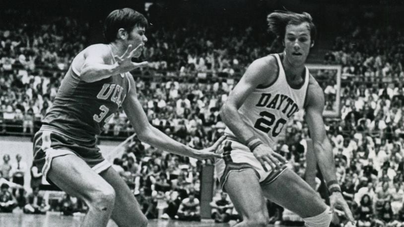 The University of Dayton's Mike Sylvester scored 36 points and grabbed 13 rebounds in a 1974 NCAA tournament regional semifinal against UCLA. The Flyers lost 111-100 in triple overtime. DAYTON DAILY NEWS ARCHIVE