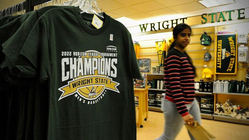 The Wright State University bookstore has 2022 Horizon League Tournament Champions clothing apparel on hand for Raiders fans. MARSHALL GORBY\STAFF