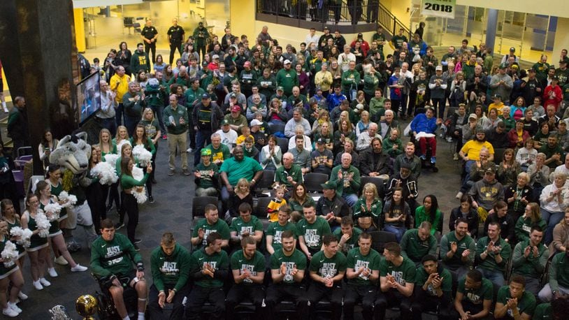 Wright State’s watch party at the student union for NCAA Tournament selection show last month. Allison Rodriguez/CONTRIBUTED