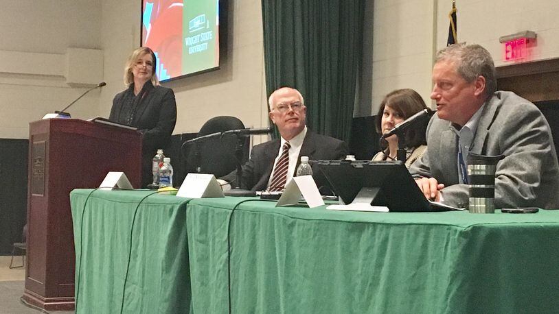 Wright State board of trustees chairman Doug Fecher speaks during a community forum on the university’s budget in January. University trustees slashed more than $30.8 million from the school’s budget last year.