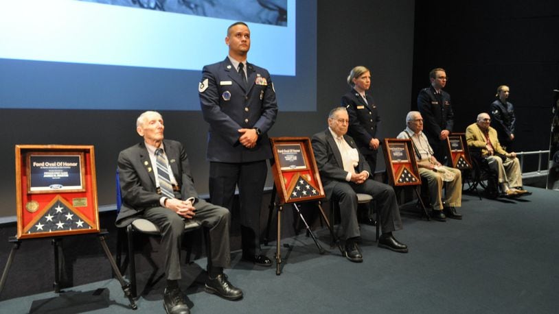 Four area veterans were inducted into the Ford Oval of Honor at the Air Force Museum on Thursday. From left to right they are: Army Airborne Pfc. James H. “Pee Wee” Martin and Army Pfc., Army Pfc. Albert L. Carr, Navy Radioman 1st Class Marion Adams, and Army Pfc. Lawson Adkins.
